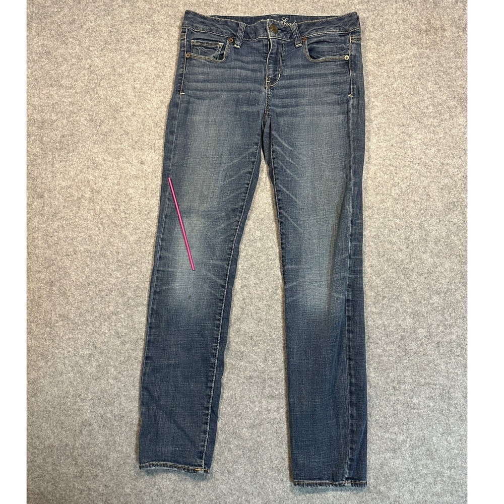 American Eagle Skinny Jeans Womens 8 Short Blue Stretch Denim‎ Whiskered Classic